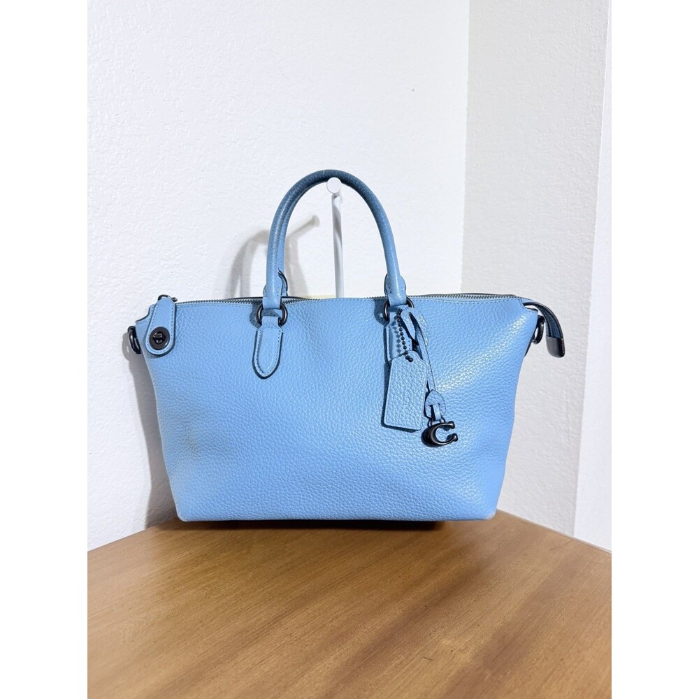 COACH CARA Pebbled Leather Top Zip Satchel Shoulder Bag Pool Blue